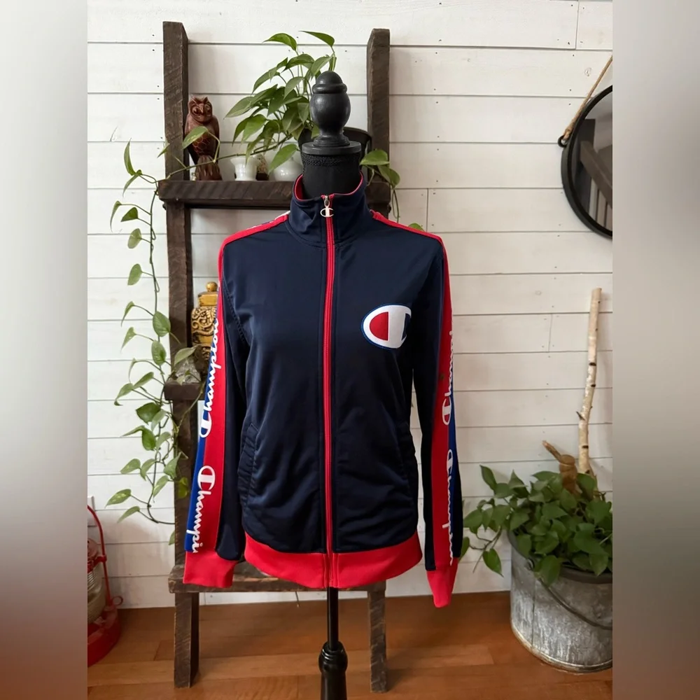 Champion Navy Blue and Red Zip-Up Jacket with Iconic Logo On Front Unisex
